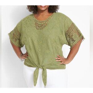 Lane Bryant Women Top Embroidery Tie-Hem 18/20 Large Green Short Sleeves